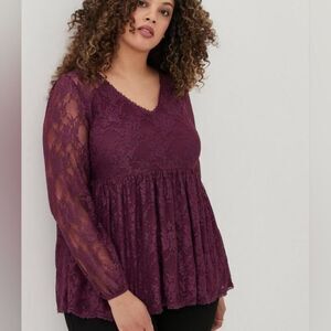 NWT Women's Torrid Purple Babydoll Lace V-Neck Top, Size 1 / 1X